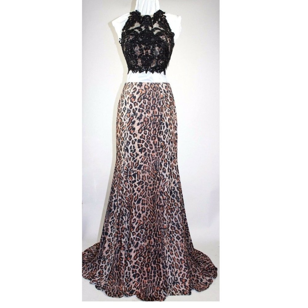 NEW Women's Formal Embroidery Leopard Print 2 PCE Long Evening Gown prom dress